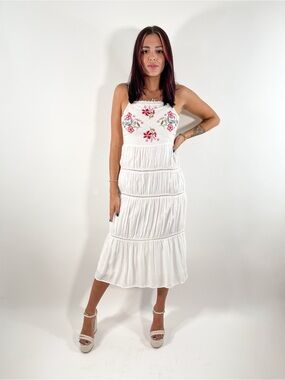 Lovers + Friends White Midi Dress with Floral Embroidery